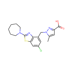 Cc1cc(C(=O)O)nn1Cc1cc(Cl)cc2sc(N3CCCCCC3)nc12 ZINC001772612940