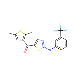 Cc1cc(C(=O)c2cnc(Nc3cccc(C(F)(F)F)c3)s2)c(C)s1 ZINC000028338378