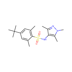 Cc1cc(C(C)(C)C)cc(C)c1S(=O)(=O)Nc1c(C)nn(C)c1C ZINC000012557226