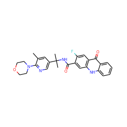 Cc1cc(C(C)(C)NC(=O)c2cc3[nH]c4ccccc4c(=O)c3cc2F)cnc1N1CCOCC1 ZINC000014970370