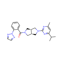 Cc1cc(C(C)C)nc(N2C[C@H]3CN(C(=O)c4ccccc4-n4nccn4)C[C@H]3C2)n1 ZINC000116821851