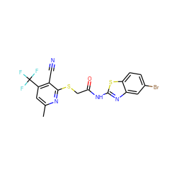 Cc1cc(C(F)(F)F)c(C#N)c(SCC(=O)Nc2nc3cc(Br)ccc3s2)n1 ZINC000008684824