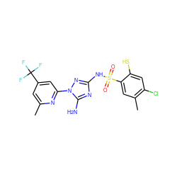 Cc1cc(C(F)(F)F)cc(-n2nc(NS(=O)(=O)c3cc(C)c(Cl)cc3S)nc2N)n1 ZINC000008651893