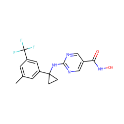 Cc1cc(C(F)(F)F)cc(C2(Nc3ncc(C(=O)NO)cn3)CC2)c1 ZINC000166960898