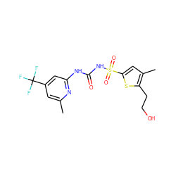 Cc1cc(C(F)(F)F)cc(NC(=O)NS(=O)(=O)c2cc(C)c(CCO)s2)n1 ZINC000071334871