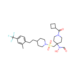 Cc1cc(C(F)(F)F)ccc1CCC1CCN(S(=O)(=O)CC2(N(O)C=O)CCN(C(=O)C3CCC3)CC2)CC1 ZINC000071282260