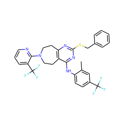 Cc1cc(C(F)(F)F)ccc1Nc1nc(SCc2ccccc2)nc2c1CCN(c1ncccc1C(F)(F)F)CC2 ZINC000145061263