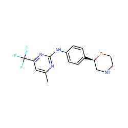 Cc1cc(C(F)(F)F)nc(Nc2ccc([C@@H]3CNCCO3)cc2)n1 ZINC000149934071