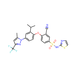 Cc1cc(C(F)(F)F)nn1-c1ccc(Oc2ccc(S(=O)(=O)Nc3nccs3)cc2C#N)c(C(C)C)c1 ZINC000095580789