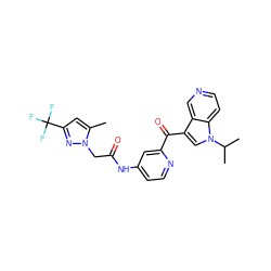 Cc1cc(C(F)(F)F)nn1CC(=O)Nc1ccnc(C(=O)c2cn(C(C)C)c3ccncc23)c1 ZINC001772571212