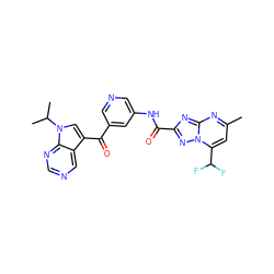 Cc1cc(C(F)F)n2nc(C(=O)Nc3cncc(C(=O)c4cn(C(C)C)c5ncncc45)c3)nc2n1 ZINC000169707898