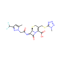 Cc1cc(C(F)F)nn1CC(=O)N[C@@H]1C(=O)N2C(C(=O)O)=C(CSc3nnnn3C)CS[C@H]12 ZINC000002732966