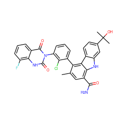 Cc1cc(C(N)=O)c2[nH]c3cc(C(C)(C)O)ccc3c2c1-c1cccc(-n2c(=O)[nH]c3c(F)cccc3c2=O)c1Cl ZINC001772634144