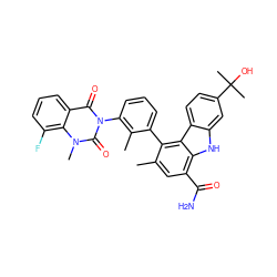 Cc1cc(C(N)=O)c2[nH]c3cc(C(C)(C)O)ccc3c2c1-c1cccc(-n2c(=O)c3cccc(F)c3n(C)c2=O)c1C ZINC000222828866