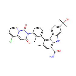 Cc1cc(C(N)=O)c2[nH]c3cc(C(C)(C)O)ccc3c2c1-c1cccc(-n2c(=O)cc3c(Cl)cccn3c2=O)c1C ZINC001772571151