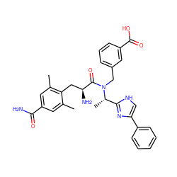 Cc1cc(C(N)=O)cc(C)c1C[C@H](N)C(=O)N(Cc1cccc(C(=O)O)c1)[C@@H](C)c1nc(-c2ccccc2)c[nH]1 ZINC000095576124