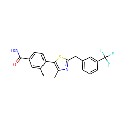 Cc1cc(C(N)=O)ccc1-c1sc(Cc2cccc(C(F)(F)F)c2)nc1C ZINC001772584820