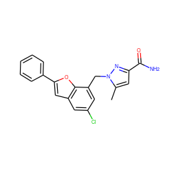 Cc1cc(C(N)=O)nn1Cc1cc(Cl)cc2cc(-c3ccccc3)oc12 ZINC000073158171