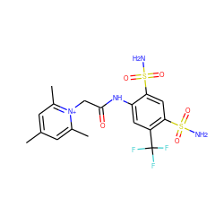 Cc1cc(C)[n+](CC(=O)Nc2cc(C(F)(F)F)c(S(N)(=O)=O)cc2S(N)(=O)=O)c(C)c1 ZINC000013804367