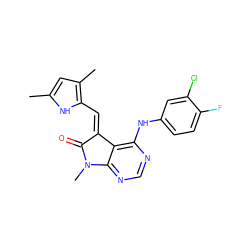 Cc1cc(C)c(/C=C2\C(=O)N(C)c3ncnc(Nc4ccc(F)c(Cl)c4)c32)[nH]1 ZINC000013445434