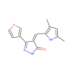 Cc1cc(C)c(/C=C2\C(=O)NN=C2c2ccoc2)[nH]1 ZINC000036338800