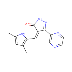 Cc1cc(C)c(/C=C2\C(=O)NN=C2c2cnccn2)[nH]1 ZINC000036338805