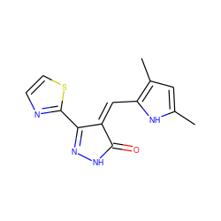 Cc1cc(C)c(/C=C2\C(=O)NN=C2c2nccs2)[nH]1 ZINC000036338804