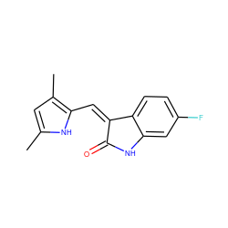 Cc1cc(C)c(/C=C2\C(=O)Nc3cc(F)ccc32)[nH]1 ZINC000013780166