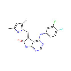 Cc1cc(C)c(/C=C2\C(=O)Nc3ncnc(Nc4ccc(F)c(Cl)c4)c32)[nH]1 ZINC000013445425