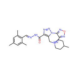 Cc1cc(C)c(/C=N/NC(=O)c2nnn(-c3nonc3N)c2CN2CCC(C)CC2)c(C)c1 ZINC000003633179