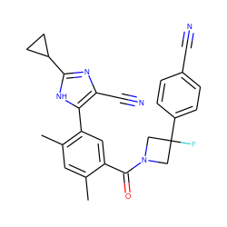 Cc1cc(C)c(-c2[nH]c(C3CC3)nc2C#N)cc1C(=O)N1CC(F)(c2ccc(C#N)cc2)C1 ZINC000142676667