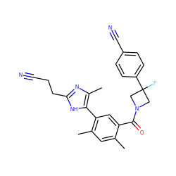 Cc1cc(C)c(-c2[nH]c(CCC#N)nc2C)cc1C(=O)N1CC(F)(c2ccc(C#N)cc2)C1 ZINC000142768779