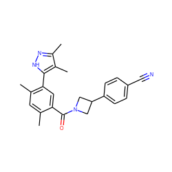 Cc1cc(C)c(-c2[nH]nc(C)c2C)cc1C(=O)N1CC(c2ccc(C#N)cc2)C1 ZINC000142676445