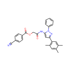 Cc1cc(C)c(-c2cc(NC(=O)COC(=O)c3ccc(C#N)cc3)n(-c3ccccc3)n2)cc1C ZINC000003412661