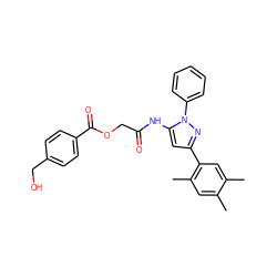 Cc1cc(C)c(-c2cc(NC(=O)COC(=O)c3ccc(CO)cc3)n(-c3ccccc3)n2)cc1C ZINC000008773152