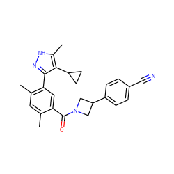 Cc1cc(C)c(-c2n[nH]c(C)c2C2CC2)cc1C(=O)N1CC(c2ccc(C#N)cc2)C1 ZINC000219058405