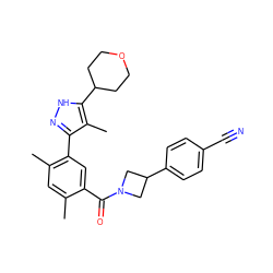 Cc1cc(C)c(-c2n[nH]c(C3CCOCC3)c2C)cc1C(=O)N1CC(c2ccc(C#N)cc2)C1 ZINC000206748207