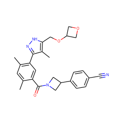 Cc1cc(C)c(-c2n[nH]c(COC3COC3)c2C)cc1C(=O)N1CC(c2ccc(C#N)cc2)C1 ZINC000220785387