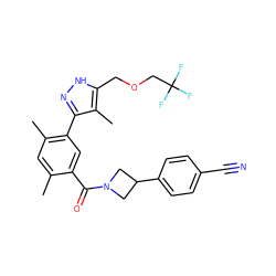 Cc1cc(C)c(-c2n[nH]c(COCC(F)(F)F)c2C)cc1C(=O)N1CC(c2ccc(C#N)cc2)C1 ZINC000220793127