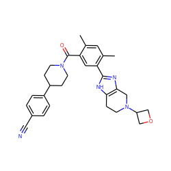 Cc1cc(C)c(-c2nc3c([nH]2)CCN(C2COC2)C3)cc1C(=O)N1CCC(c2ccc(C#N)cc2)CC1 ZINC000150314113