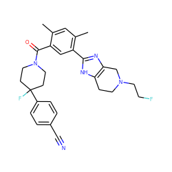 Cc1cc(C)c(-c2nc3c([nH]2)CCN(CCF)C3)cc1C(=O)N1CCC(F)(c2ccc(C#N)cc2)CC1 ZINC000150285992