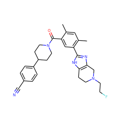 Cc1cc(C)c(-c2nc3c([nH]2)CCN(CCF)C3)cc1C(=O)N1CCC(c2ccc(C#N)cc2)CC1 ZINC000150263118