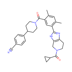 Cc1cc(C)c(-c2nc3c([nH]2)CN(C(=O)C2CC2)CC3)cc1C(=O)N1CCC(c2ccc(C#N)cc2)CC1 ZINC000098186284