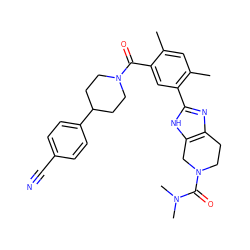 Cc1cc(C)c(-c2nc3c([nH]2)CN(C(=O)N(C)C)CC3)cc1C(=O)N1CCC(c2ccc(C#N)cc2)CC1 ZINC000205798569