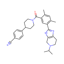 Cc1cc(C)c(-c2nc3c([nH]2)CN(C(C)C)CC3)cc1C(=O)N1CCC(c2ccc(C#N)cc2)CC1 ZINC000149345804