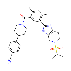 Cc1cc(C)c(-c2nc3c([nH]2)CN(S(=O)(=O)C(C)C)CC3)cc1C(=O)N1CCC(c2ccc(C#N)cc2)CC1 ZINC000149981340