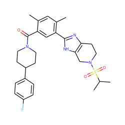 Cc1cc(C)c(-c2nc3c([nH]2)CN(S(=O)(=O)C(C)C)CC3)cc1C(=O)N1CCC(c2ccc(F)cc2)CC1 ZINC000205795329