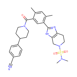 Cc1cc(C)c(-c2nc3c([nH]2)CN(S(=O)(=O)N(C)C)CC3)cc1C(=O)N1CCC(c2ccc(C#N)cc2)CC1 ZINC000150317503