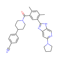 Cc1cc(C)c(-c2nc3cc(N4CCCC4)ncc3[nH]2)cc1C(=O)N1CCC(c2ccc(C#N)cc2)CC1 ZINC000095584651