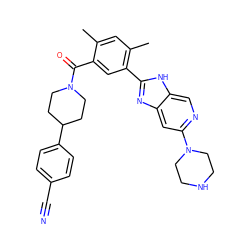 Cc1cc(C)c(-c2nc3cc(N4CCNCC4)ncc3[nH]2)cc1C(=O)N1CCC(c2ccc(C#N)cc2)CC1 ZINC000095583995